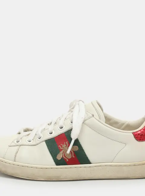 Gucci Ace Size 35.5 White Leather and Snakeskin Embossed Leather Lace Up Sneakers