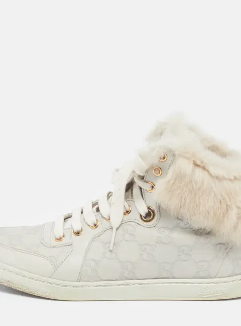 Gucci Guccissima Size 37 Cream Fur and Leather High Top Sneakers