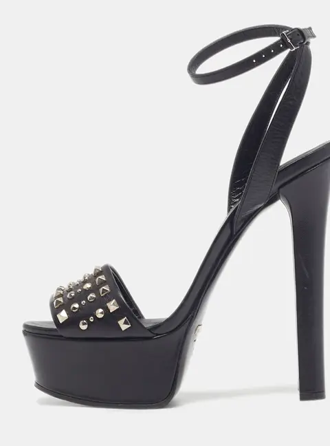 Gucci Leila Size 38 Black Leather Studded  Ankle Strap Sandals