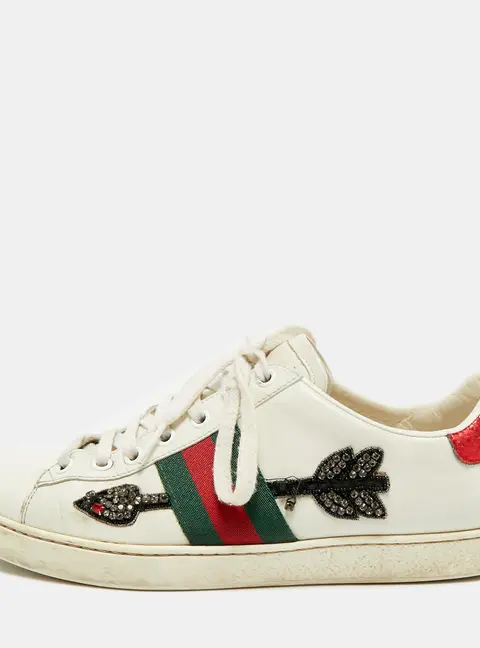 Gucci Ace Web  Size 38.5 White Leather and Python Embossed Low Top Sneakers