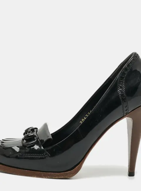 Gucci Size 37 Black Patent Leather Horsebit Fringe Loafer Pumps