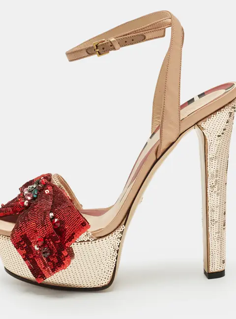 Gucci Size 39 Gold Sequins Crystal Embellished Ankle Strap Sandals