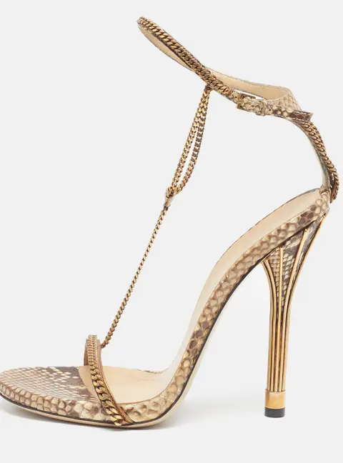 Gucci Size 38 Brown/Cream Python Leather Chain Link Ankle Strap Sandals