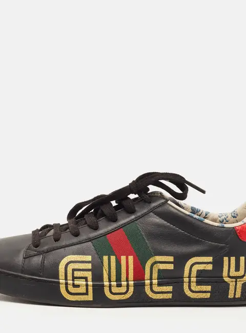 Gucci New Ace Size 38 Black Leather and Python Embossed Web Low Top Sneakers