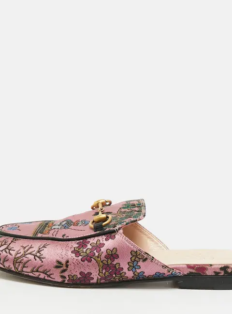 Gucci X Disney Japanese Donald Duck Princetown Size 36 Pink Brocade Fabric Horsebit Flat Mules