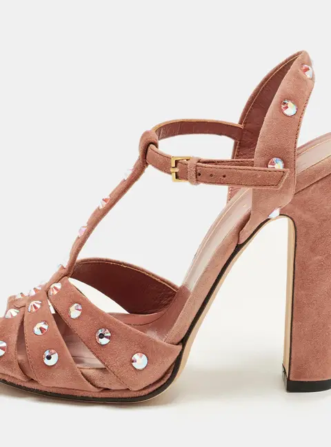 Gucci Size 36 Pink Suede Crystal Embellished T-Strap Sandals