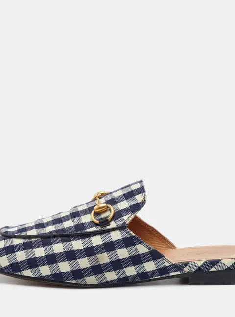 Gucci Princetown Size 36.5 Navy Blue/White Plaid Check Fabric Horsebit Flat Mules