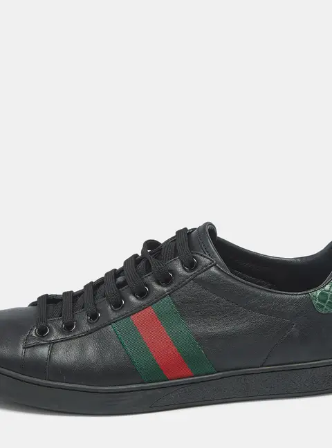 Gucci New Ace Size 39 Black Croc Embossed Leather and Leather Lace Up Sneakers