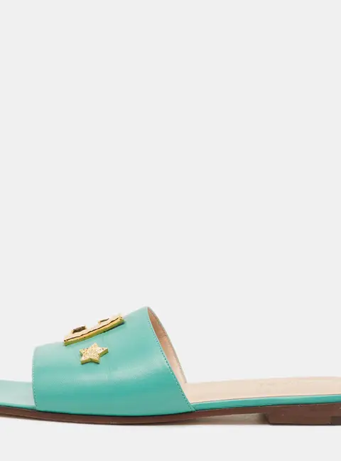 Gucci Runway Size 37 Green Leather Logo Flat Slide Sandals