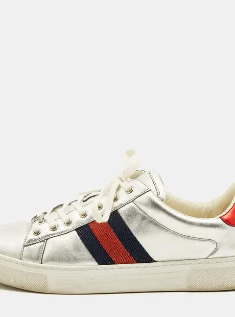 Gucci Ace Web Size 38.5 Silver Leather Low Top Sneakers