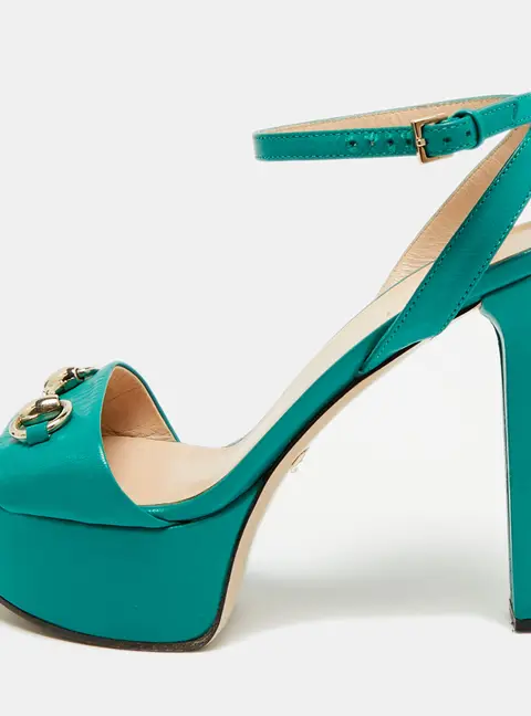 Gucci Horsebit Size 36.5 Green Leather Platform Ankle Strap Sandals