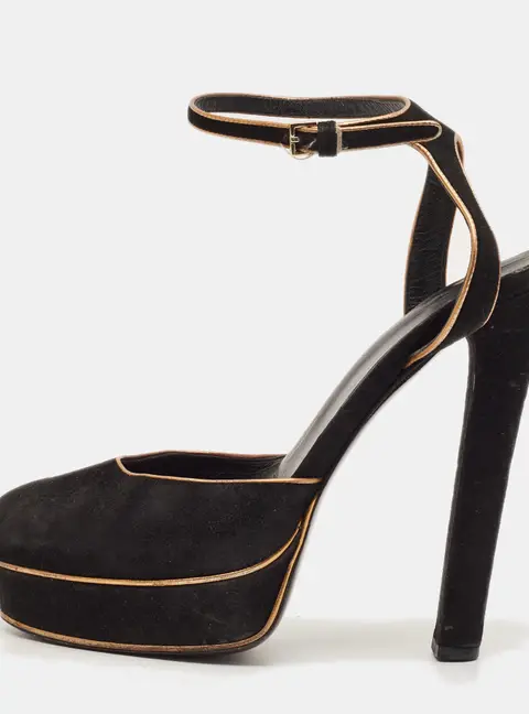 Gucci Size 37 Black/Gold Leather and Suede Mary Jane Pumps