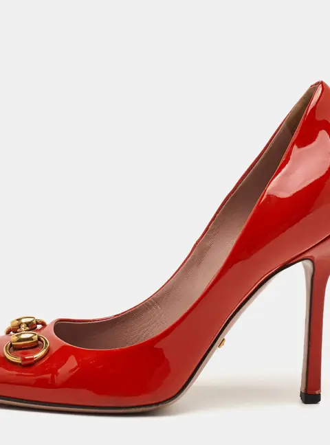 Gucci Horsebit Size 37.5 Orange Patent Leather Pumps