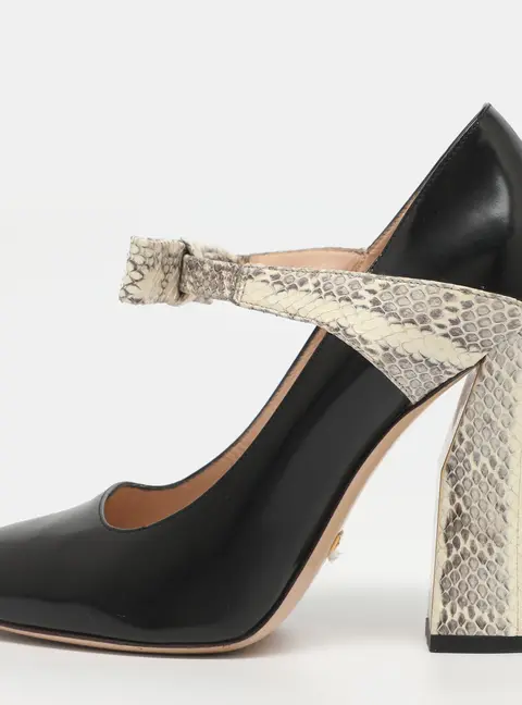 Gucci Nimue Size 38.5 Black/Cream Leather and Snakeskin Mary Jane Pumps