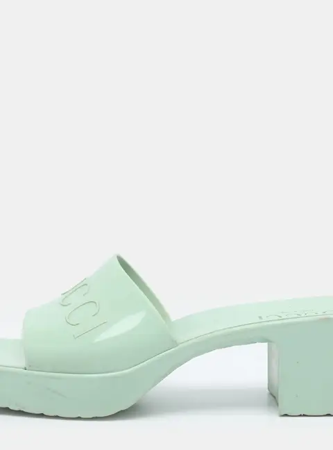 Gucci Logo Size 36 Green Rubber Block Heel Slide Sandals