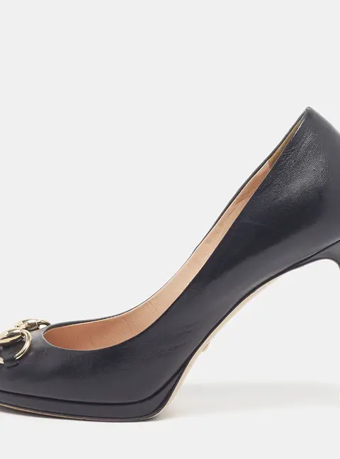 Gucci Horsebit Size 37 Black Leather Peep Toe Pumps