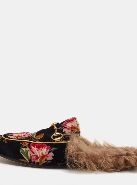 Gucci Princetown Size 37 Black Rose Print Velvet Horsebit Flat Mules