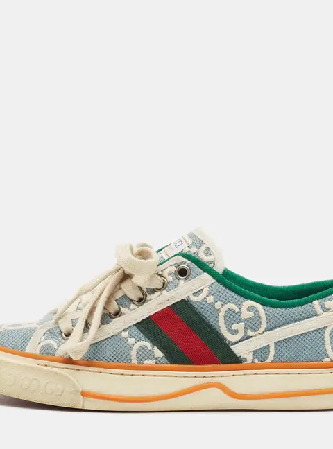Gucci Tennis 1977 Size 35.5 White/Light Blue Knit Fabric Web Low Top Sneakers