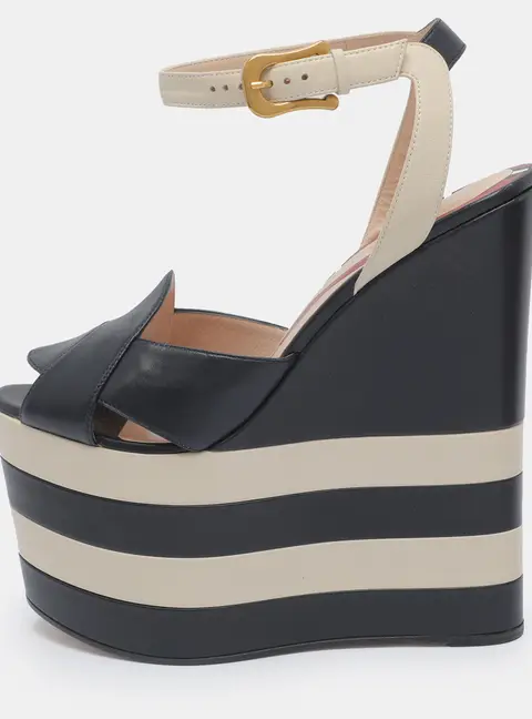 Gucci Sally Size 38 Dark Navy/White Leather Striped Platform Wedge Sandals