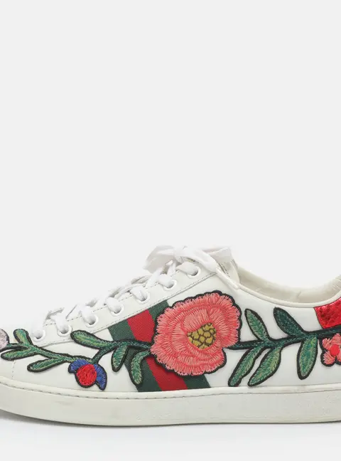 Gucci Ace Floral Embroidered Size 39.5 White Leather Low Top Sneakers