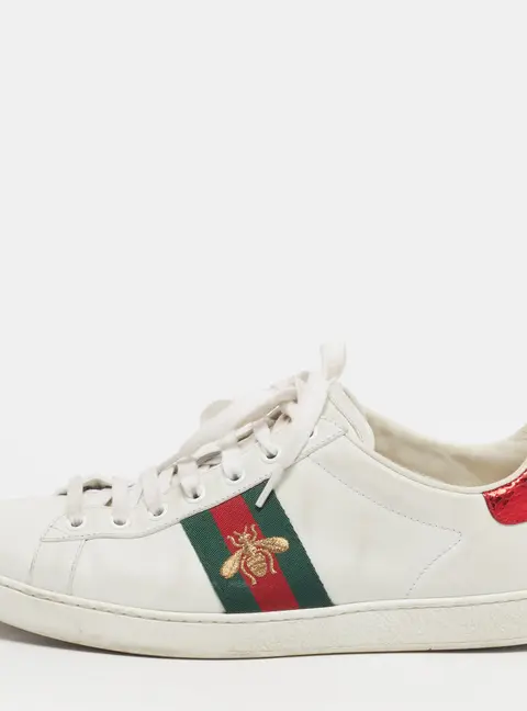 Gucci Ace Size 39.5 White Leather and Python Embossed Web Embroidered Bee Low Top Sneakers