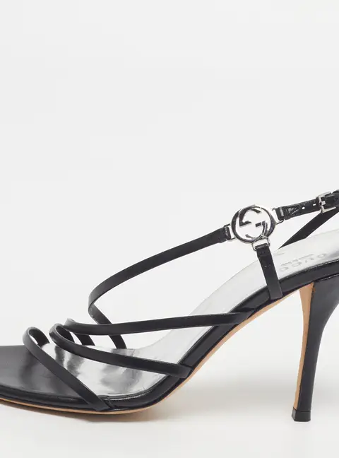 Gucci Size 38 Black Leather Interlocking G Strappy Slingback Sandals