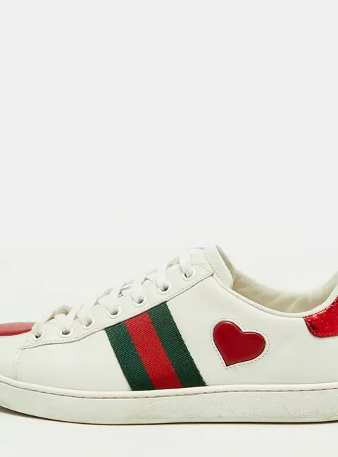 Gucci Ace Size 37 White Leather and Python Embossed Web Heart Detail Low Top Sneakers