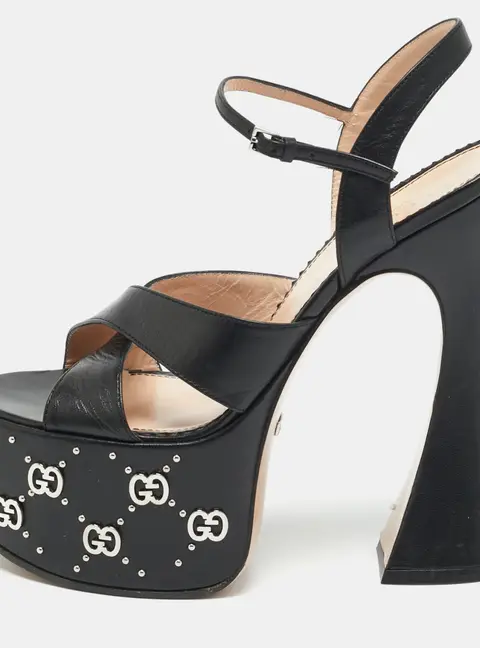 Gucci Janaya Interlocking G Studs Size 37 Black Leather Platform Sandals