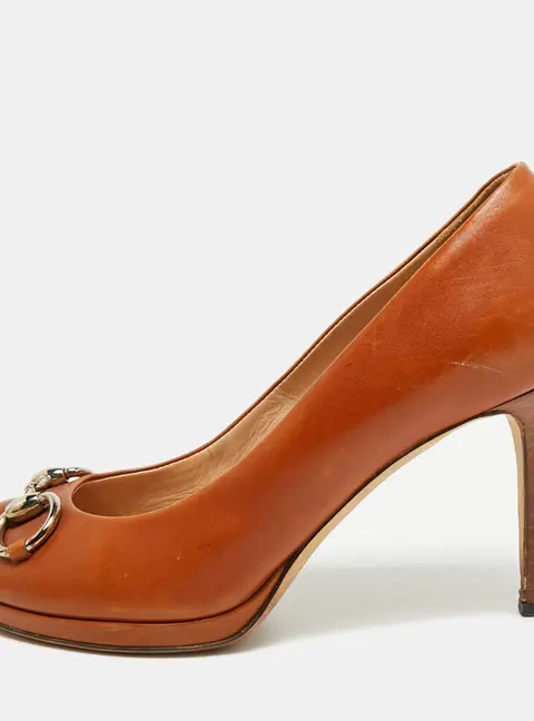 Gucci Horsebit Size 39 Brown Leather Peep Toe Pumps