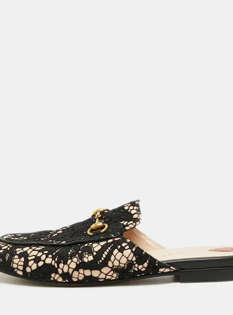 Gucci Princetown Size 38 Black/Pink Lace and Mesh Mules