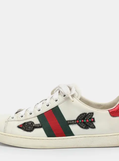Gucci Arrow Ace Size 38 White Leather Crystal Embellished Low Top Sneakers