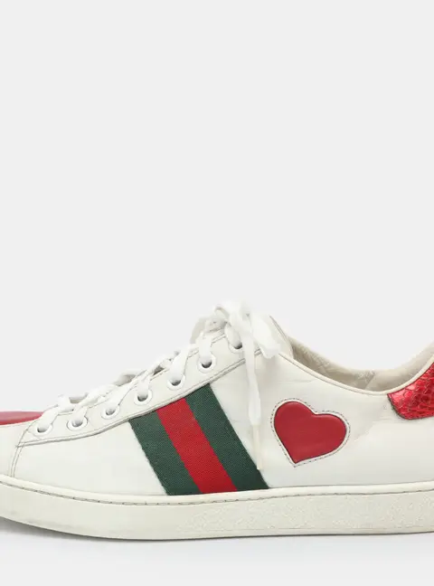 Gucci Ace Web Heart Detail Size 37 White Leather Lace Up Sneakers