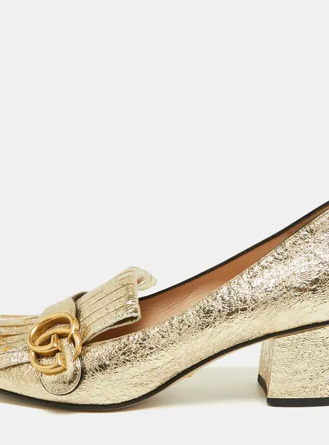 Gucci GG Marmont Size 38 Gold Foil Leather Block Heel Pumps