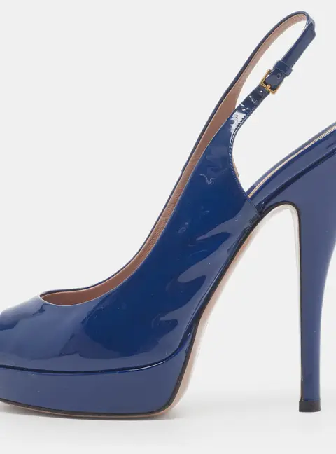 Gucci Size 37.5 Blue Patent Leather Slingback Platform Pumps
