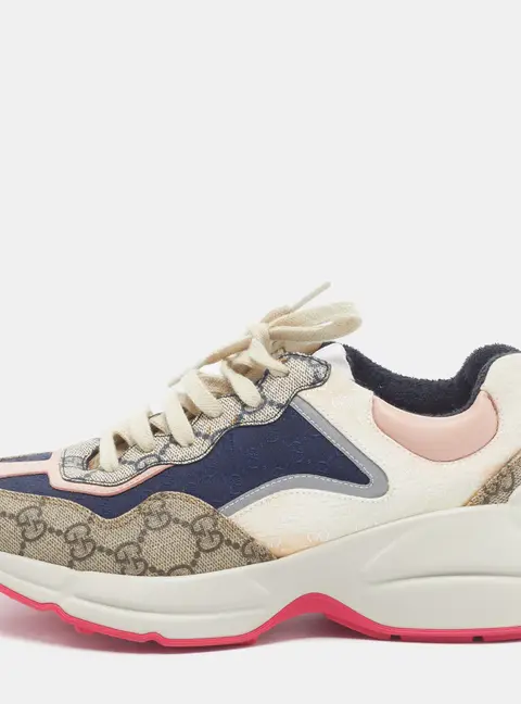 Gucci Rhyton Size 37.5 Multicolor Coated Canvas and Leather Supreme GG Lace Up Sneakers