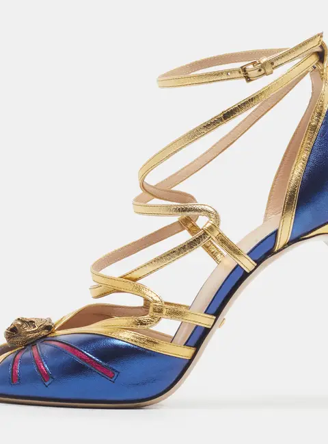 Gucci Tiger Head Size 39 Blue/Gold Leather Ankle Strap Sandals