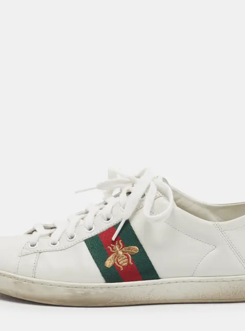 Gucci Ace Size 37.5 White Leather Web Lace Up Sneakers