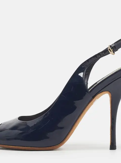 Gucci Size 37 Navy Blue Patent Leather Peep Toe Slingback Pumps