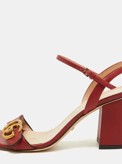 Gucci GG Marmont Size 38.5 Red Leather Ankle Strap Sandals