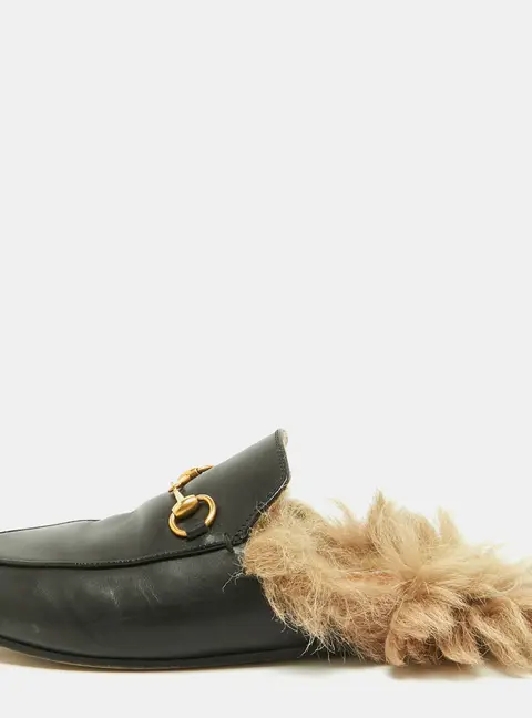 Gucci Princetown Size 38 Black Fur and Leather Mules
