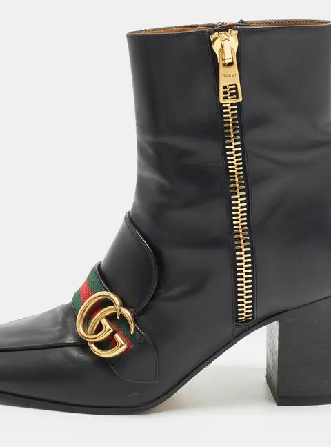 Gucci GG Marmont Size 38.5 Black Leather Web Ankle Length Boots