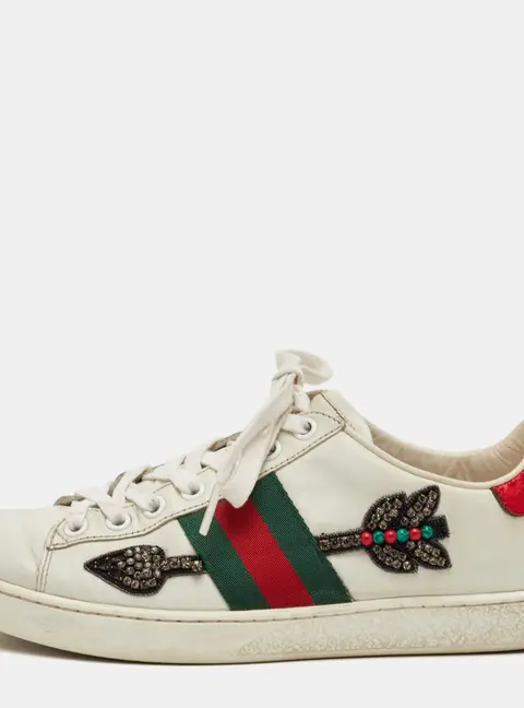 Gucci Ace Web Size 36 White Leather Arrow Embellished Low Top Sneakers