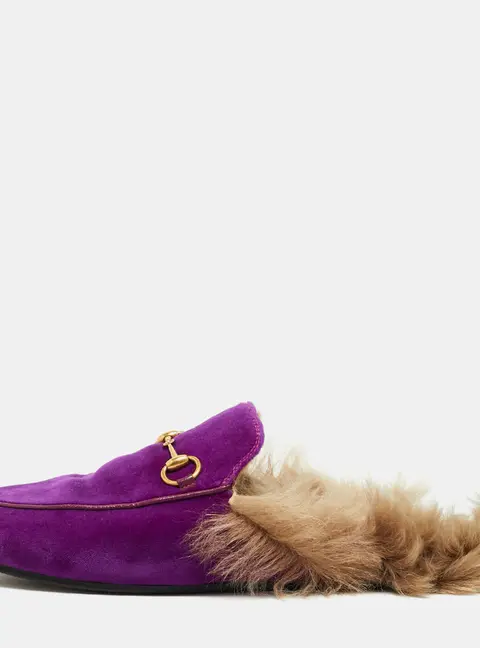 Gucci Princetown Size 38 Purple Shearling Fur and Velvet HorseBit Flat Mules