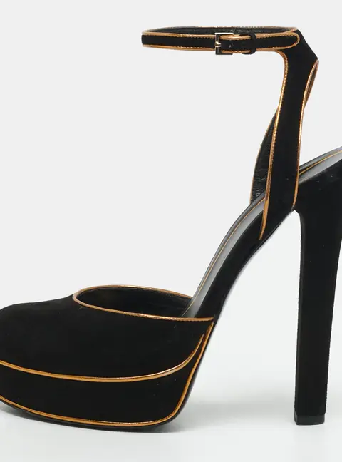 Gucci Huston Size 37 Black/Gold Suede and Leather Ankle Strap Pumps