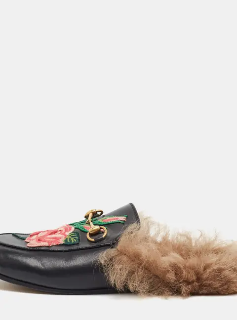 Gucci Princetown Size 38 Black Fur and Leather Mules