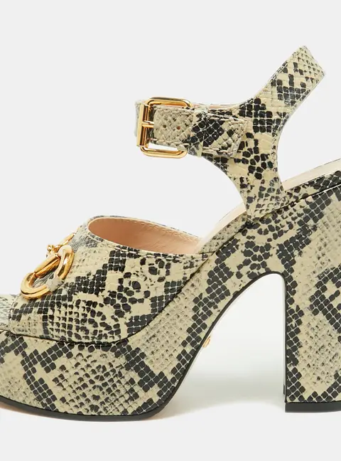 Gucci Horsebit Size 37.5 Beige/Black Python Embossed Leather Platform Ankle Strap Sandals