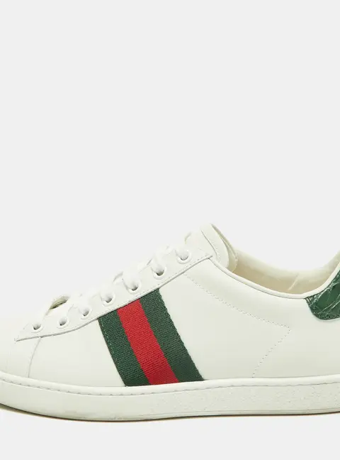 Gucci Ace Size 37.5 White Croc Embossed Leather and Leather Lace Up Sneakers