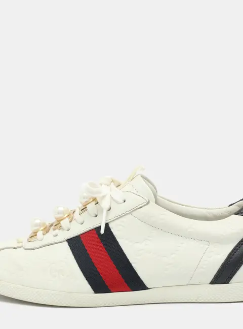 Gucci Size 36.5 White Guccissima Leather Web Detail Low Top Sneakers
