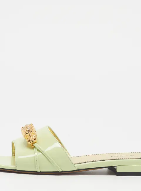 Gucci Tiger Head Size 36 Light Green Patent Leather Crystal Embellished Flat Slide