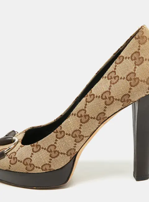Gucci Horsebit Size 40 Beige/Brown GG Canvas Peep Toe Platform Pumps